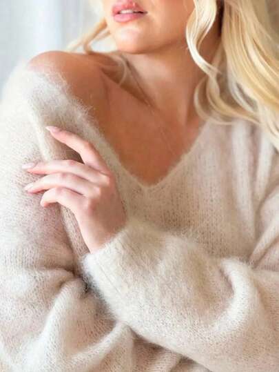 Women's V-Neck Mohair Sweater - Draped Long Sleeve Pullover, Suitable For Autumn Vacation And Party Wear | Vintage Luxury Lightweight Design