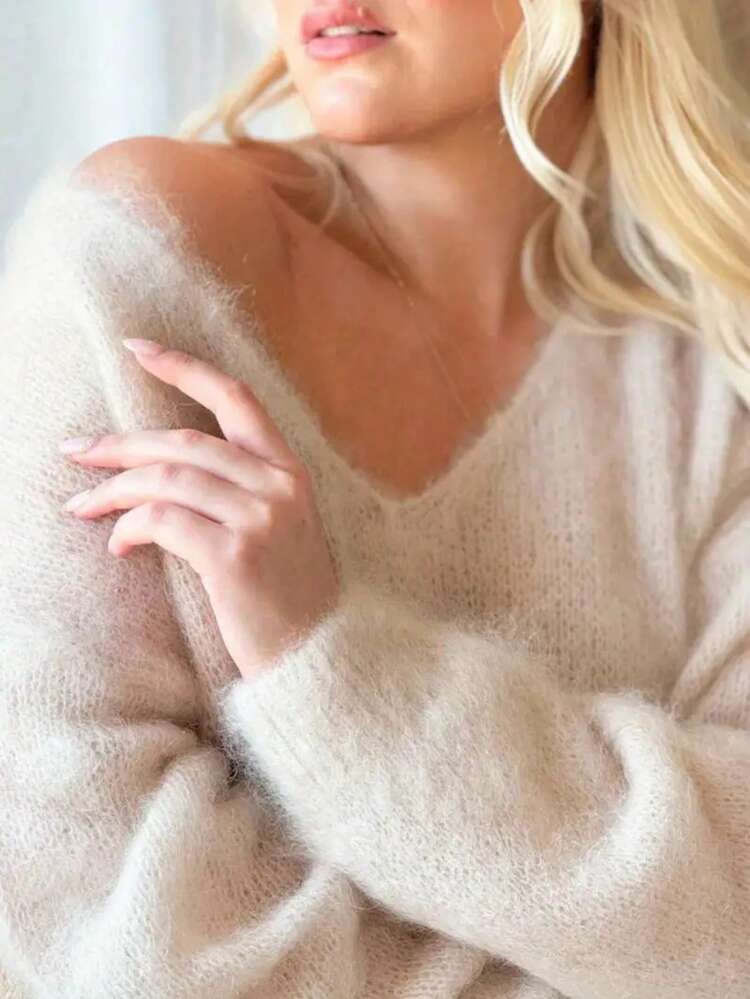 Jersey de mujer de cuello en V de mohair - Suéter de manga larga con drapeado, adecuado para vacaciones de otoño y uso en fiestas | Diseño ligero de lujo vintage - Albaricoque - Añade 1