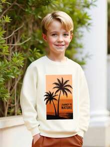 2pcs/Set Boys Casual Coconut Tree & Beach Print Long Sleeve Sweatshirt And Drawstring Sweatpants Outfit, Spring/Autumn - Brown - View 5