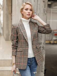2025秋冬新款韩版格子羊毛西装外套女休闲优雅英伦风西装外套 - 棕色 - 查看 3