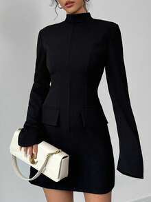 Einfarbiges, lässiges, elegantes Kleid aus gewebtem Stoff mit Fake-Taschen und Reißverschluss, geeignet für Büro, Abenddate, Herbst/Winter - Schwarz - Übersicht 5