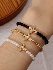 3-Piece Set Vintage & Minimalist  Cross Pendant Elastic Bracelets - Perfect For Everyday Wear Or Gifting - Multicolor - View 4