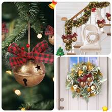 Large Vintage Gold Glitter Metal Christmas Bell Wreath, Decorated With Plaid Bow And Pine Branches - Rustic Round Holiday Decor, Suitable For Thanksgiving, Mother's Day, Valentine's Day - Easy To Hang On Door Or Wall Home Decor Christmas Decorations Room Decor Winter