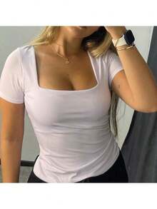Kit Of 3 Basic Suplex Blouses, Square Neckline, Short Sleeve, Lined - 米色/白色/黑色 - 查看 5