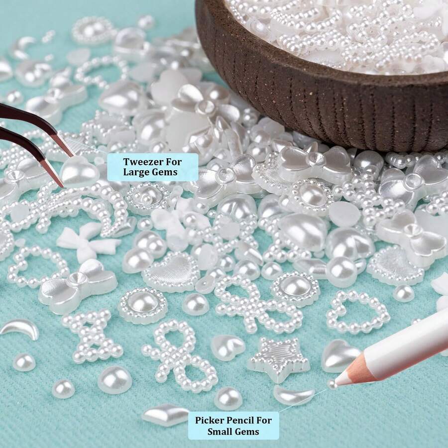 600Pcs 3D Multi Shapes Nail Charms And Flatback Pearls, White Mix Styles Heart Bow Sunflower Embellishments Nail Art, And Decoration With Glue Gel, Tweezer And Pickup Pencil - Bộ 1 - Trắng & Hồng + Keo dán - Xem 1