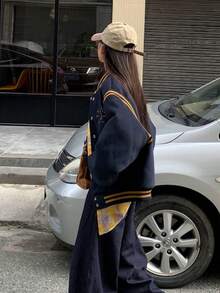 Retro American College Style Baseball Jacket For Women, Loose Fit Casual Mid-Length Bomber Coat, Autumn