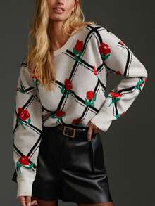 Women's Knitted Sweater Floral Print Long-Sleeved Crew Neck Pullover Autumn/Winter Model - White - View 1