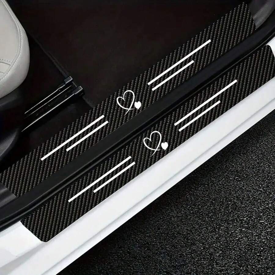 4pcs/Set Love Carbon Fiber Door Sill Protector - Scratch Crash Resistant, Easy Installation Anti-Slip Gripper, Elastic Installation, Door Protection Edge Protection, Suitable For All Cars, Durable Black Car Door Sill Cover, Fashion Auto Accessories
