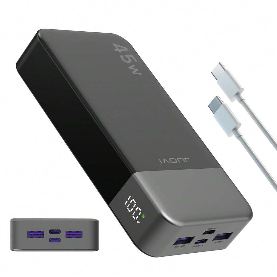 移动电源 20000mAh 快速充电电池带 LED 显示屏，2 个 USB-C，2 个 USB-A 适用于手机，适合夏季假期户外旅行/露营和紧急备用移动电源，适合送给家人、朋友、生日的便携式充电器 - 黑色 - 查看 1