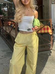 Elegante conjunto de dos piezas de camisa y pantalón de manga larga a rayas para mujer, adecuado para uso diario y vacaciones, conjunto moderno y moderno con colores brillantes, adecuado para todas las estaciones, excelente calidad. - Amarillo - Ver 4