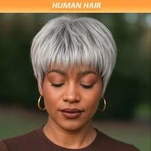 Chic Silver Grey Pixie Cut Brazilian Human Hair Wig 6" Short Straight Layered Hair Glueless Wig With Bangs 150% Density Daily Wear Wig For Women Holiday Wear Party Wear - 灰色 - 查看 6