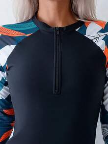 2 Piece Zipper Set, Botanical Print Outfit, Tropical Beach Swimwear - Blue - View 4