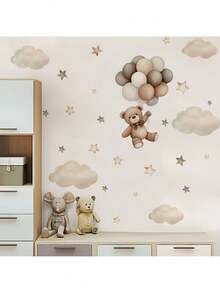 1pc Cute Teddy Bear Wall Decals With Balloons - Cloud And Star Nursery Decor, Removable Vinyl Kids Room Stickers & Balloon Wall Stickers - Multicolor - View 8
