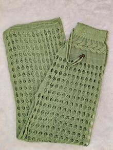 Women's Summer Knit Crochet Braid Pantaloon Beach Cover-Up Pants - Màu xanh Bạc hà - Xem 3
