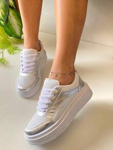 Women's Casual Flatform Tennis Shoes Comfortable Everyday Gym Blocker - 銀色 - 查看 2