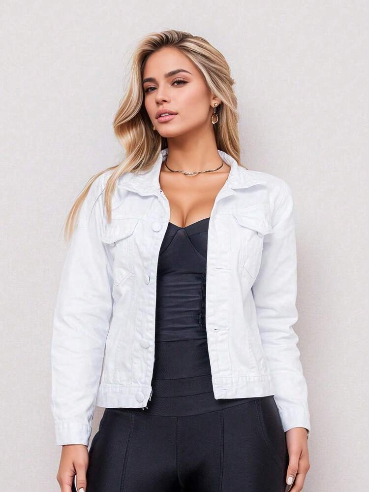 Women's Denim Jeans Jacket Long Sleeve With Pocket And Buttons On The Front Fashion 2025 - White - View 1