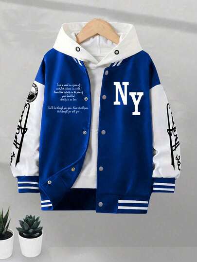 1pc Boys & Teens Casual Workout Vintage Solid Color Fleece Hooded Varsity Jacket With Printed Decor, Spring/Autumn/Winter