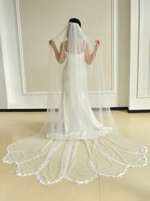 1 件长款新娘面纱带发梳，不对称叶子刺绣装饰，简约百搭，适合婚纱，纯色休闲尼龙材质女士秋装