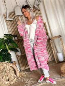 Damen Große Größen Lässig Farbverlauf Mittellanger Cardigan, gestrickter langer Windbreaker Pullover Mantel für Herbst/Winter - Pink - Übersicht 3