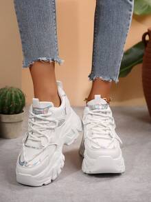 白色休闲厚底运动鞋，百搭女士坡跟厚底鞋 - 銀色 - 查看 4