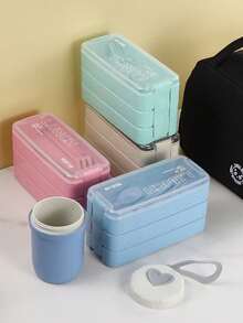 Rectangular Three-Layer Fresh-Keeping Bento Box For Office Workers And Students, Divided Into Compartments For Weight Loss With Tableware, Microwave Ready Lunch Box