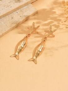 1 Pair Fashionable Metal Alloy Starfish & Fish Pendant Earrings For Women, Suitable For Daily Wear, Holidays And Vacation - Multicolor - View 2