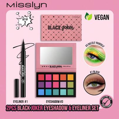  MISSLYN - 2pcs Black Clown Eye Makeup Set, Black Clown Eyeshadow Palette With 15 Shimmery & Matte Eyeshadows In Warm Brown Tones For Smokey Eye Makeup, Long-Lasting Precise Black Liquid Eyeliner Pen With Satin Finish And Waterproof Formula