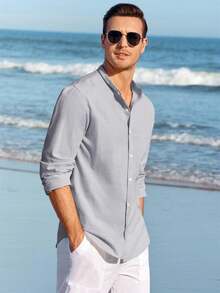 Runcati Men Linen Shirt Button Down Long Sleeve Cotton Beach Band Collar Casual Summer Shirts - Xám - Xem 2