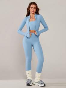 NcmRyu 3件套女士舒适休闲修身纯色立领拉链塑形提拉紧身露脐户外健身跑步瑜伽长袖上衣、紧身裤和运动文胸套装 - 淺藍色 - 查看 9