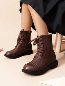 Kids' Combat Ankle Boots With Side Zipper & Lace-Up – For Toddlers, Little & Big Kids (Girls & Boys) - 棕色 - 查看 2