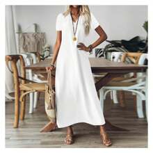 Linen Dress Women Short Sleeve V Neck Boho Maxi Dress Casual Summer Long Flowy Beach Vacation Dresses Tunic Modest,Vestidos - 多色432 - 查看 2