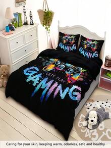 Conjunto de cama com 4 peças de controle de jogo de desenho animado preto impresso, incluindo 1 capa de edredom e 2 fronhas, 1 lençol, sem enchimento, macio e confortável, adequado para filha, quarto de namorada, design exclusivo de fecho de zíper para presente de cama decorativo, fácil de lavar e manter, adequado para uso diário, adiciona charme infantil à decoração aconchegante da casa