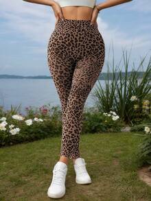 高腰瑜伽紧身裤，收腹跑步瑜伽紧身裤，女款 - 棕色 - 查看 2