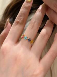 1pc Stainless Steel Korean Fashion Fresh Dopamine Colorful Four-Leaf Clover Ring, Elegant Design Elegant High-End Women's Finger Ring - Yellow Gold - View 4