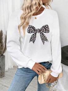 Women's Casual Leopard Print Bow Crew Neck Long Sleeve Sweatshirt, Streetwear For Daily Wear, Autumn/Winter