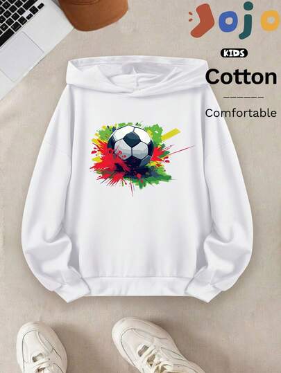 Nowe bluzki dla chłopców/dziewcząt, usztywniane, o obniżonych ramionach, wygodne, luźne, swobodne i uniwersalne bluzy z kapturem, okrągły dekolt, luźny styl uliczny, odzież dziecięca z długim rękawem i miękkimi rękawami, nowa kolekcja, kolorowe, atramentowe tło i nadruk z motywem piłki nożnej