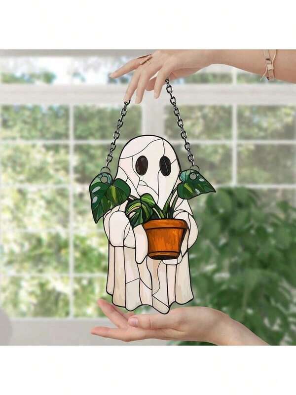1 Pc Cute Ghost And Plant Decoration, Colorful Acrylic Window Decoration, Gothic Light Catcher, Horror Home Decoration, Halloween Window Decoration, Haunted House Aesthetic, Suitable For Home, Bedroom, Living Room, Wall Decoration (Please Tear Off The Protective Film Before Use, Acrylic Material, Not Glass Material)
