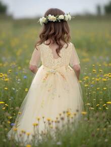 Tween-Mädchen Spitzenkleid mit kurzen Ärmeln, Stickerei und Mesh, elegantes rückenfreies Abendkleid, geeignet für Geburtstagsfeiern und Aufführungen, ohne Haarzubehör - Champagnerfarben - Übersicht 6