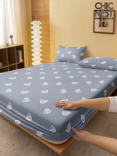 1 件灰色背景。小叶子图案床笠，床垫保护套，极简主义，复古风格，男女通用，爱情人节床垫套，床单，柔软透气，适合所有尺寸的床 - 单人床、双人床、特大床、大号床单，深口袋最大可达 11.8 英寸。开学季。宿舍床罩