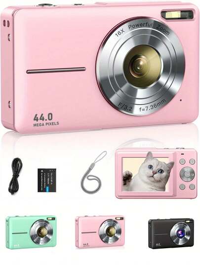 1pc 44MP Digital Camera - 1080P Full HD Video Recording, 16X Digital Zoom, Compact & Portable, Suitable For Kids, Teens & Beginners - Includes Wrist Strap & Lanyard - Perfect Holiday/Birthday Gift For Boys & Girls - Equipped With 700mAh Battery
