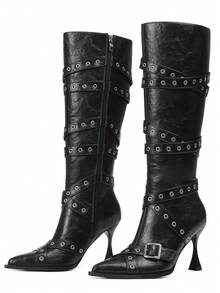 Women Winter Boots Knee High Buckle Kitten High Heels Luxury Elegant Fashion Design Halloween Shoes For Woman - 黑色 - 查看 2
