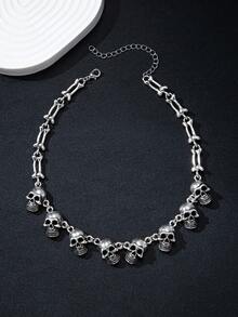 1pc Gothic Style Exaggerated Multiple Skull Connected Choker Necklace, Unique Skull Chain Necklace, Halloween Gift Accessory, Charm & Quirky Personalized Necklace - Antique Silver - View 4