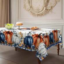 1pc Autumn Tablecloth, Vintage Farmhouse Tablecloth - Blue Pumpkin Pattern, Blue/Orange/Beige Plaid Border, Rectangular Polyester Dining Table Cover, Suitable For Thanksgiving, Harvest Party, Autumn Home Decor - Indoor/Outdoor Easy Clean, Durable Fabric, Rustic Theme, Essential For Holiday Hosts