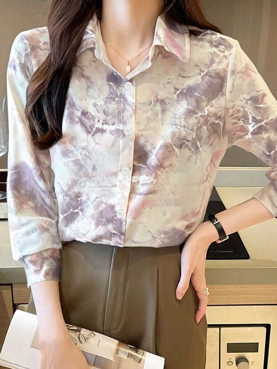 Chemise décontractée à manches longues, à simple boutonnage, avec poche, imprimé tie dye pour femmes