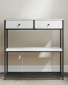 Table d'Entrée Étroite, avec 2 Tiroirs en Tissu, Meuble Console, Bout de Canapé sur 3 Niveaux, 24 x 76 x 80 cm, pour Entrée, Salon, Blanc Marbré et Noir d'encre - Blanc - Voir 4
