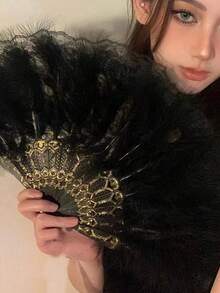 1 件新款中式复古黑色羽毛蕾丝折扇旗袍扇流苏古风最佳礼物生日装饰扇休闲简约风格适合日常使用 - 彩色 - 查看 9