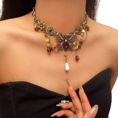 1pc Vintage Distressed Gold Bow & Flower Zirconia Stone Choker Necklace, Women Party Jewelry & Daily Wear
