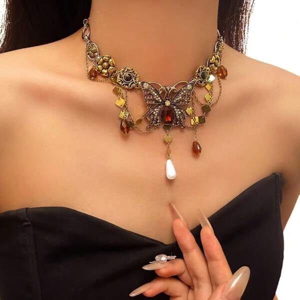 1pc Vintage Distressed Gold Bow & Flower Zirconia Stone Choker Necklace, Women Party Jewelry & Daily Wear