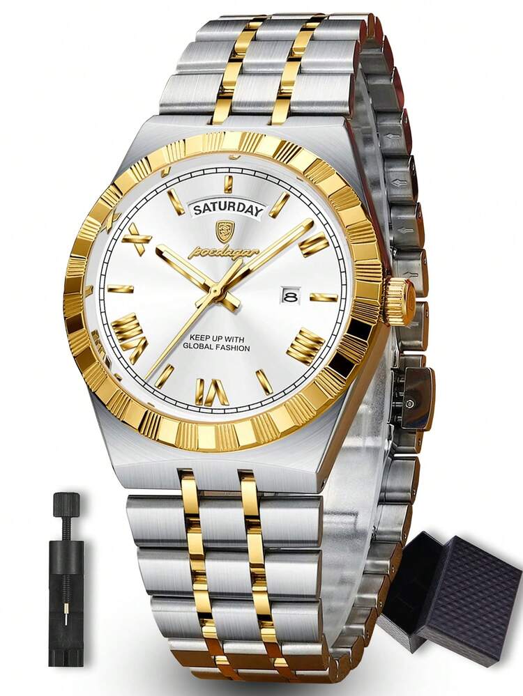 POEDAGAR 1pc Business Classic Men's Week Date Stainless Steel Quartz Watch For Man, Casual Waterproof Luminous Men Wristwatch, Fashion Luxury Male Watches Suitable For Office Occasion, Holiday Gifts For Men - Multicolor - View 14