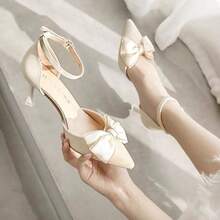 Zapatos de tacón alto Novedad: delicados zapatos planos de tacón de aguja hueco con diseño exclusivo, lazo de mariposa y tiras para mujer. Zapatos de tacón alto con punta afilada y detalle de lazo, ideales para combinar con vestidos. Zapatos de tacón alto con tiras para mujer. - Beis - Ver 6